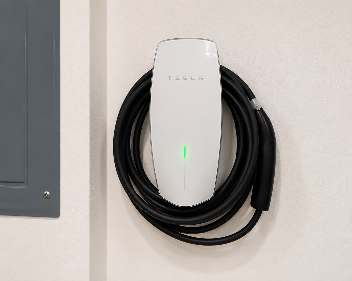Tesla Wall Connector hardwired beside an electrical panel in a Central Florida garage